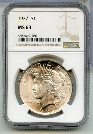1922-P Peace Silver Dollar NGC MS 63 Philadelphia Mint - KR908