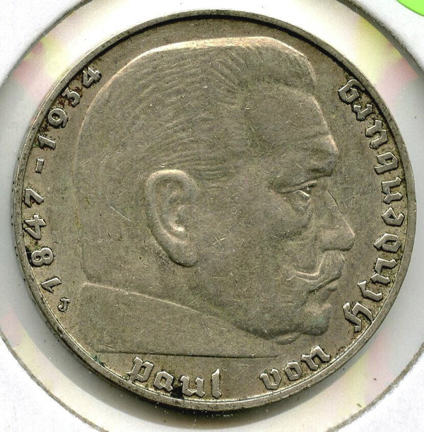 1938-J Germany 2 Marks Deutsches 3rd Reich Coin - Paul Von Hindenburg - J261