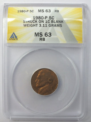 1980-P Jefferson Nickel ANACS MS63 RB Struck on 1c Blank Weight 3.11 Grams - K11