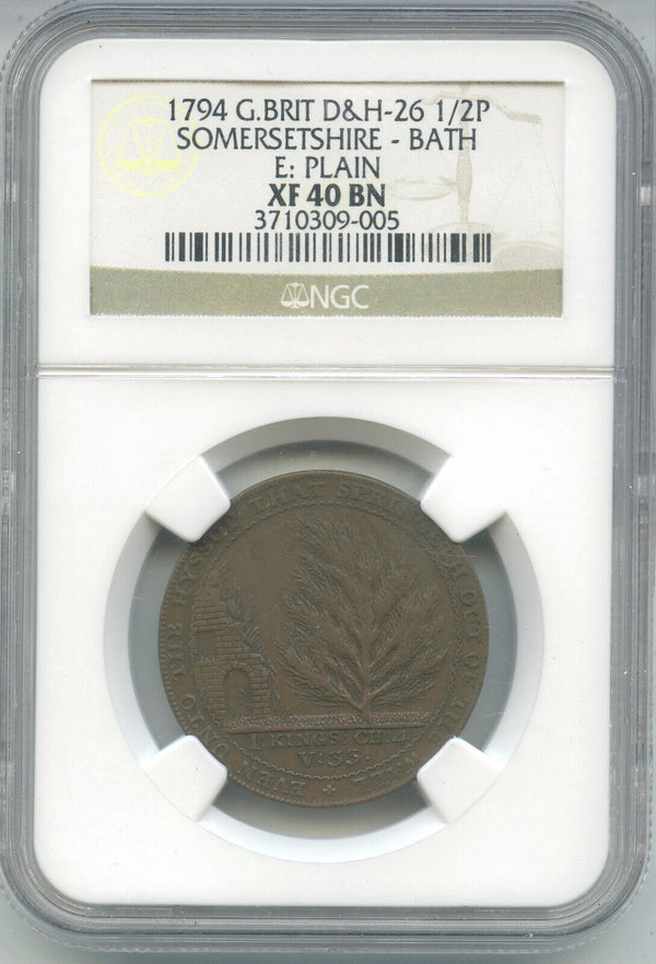 1794 Great Britain D&H -26 1/2P Somersetshire Bath NGC XF 40 BN Token - DN365