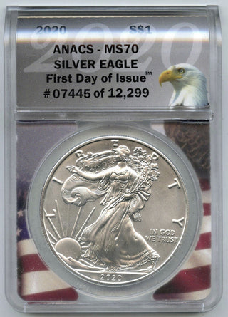 2020 American Eagle 1 oz Silver Dollar ANACS MS70 First Day Issue Bullion - H729