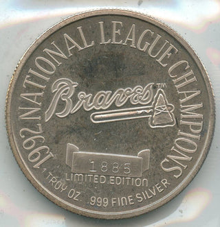 1992 World Series MLB Atlanta Braves 999 Silver 1 oz Art Medal Round -SR256