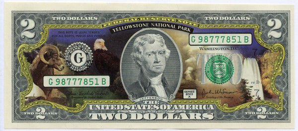 $2 Two Dollar Yellowstone National Park Enhanced Colored Genuine Bill Note Money