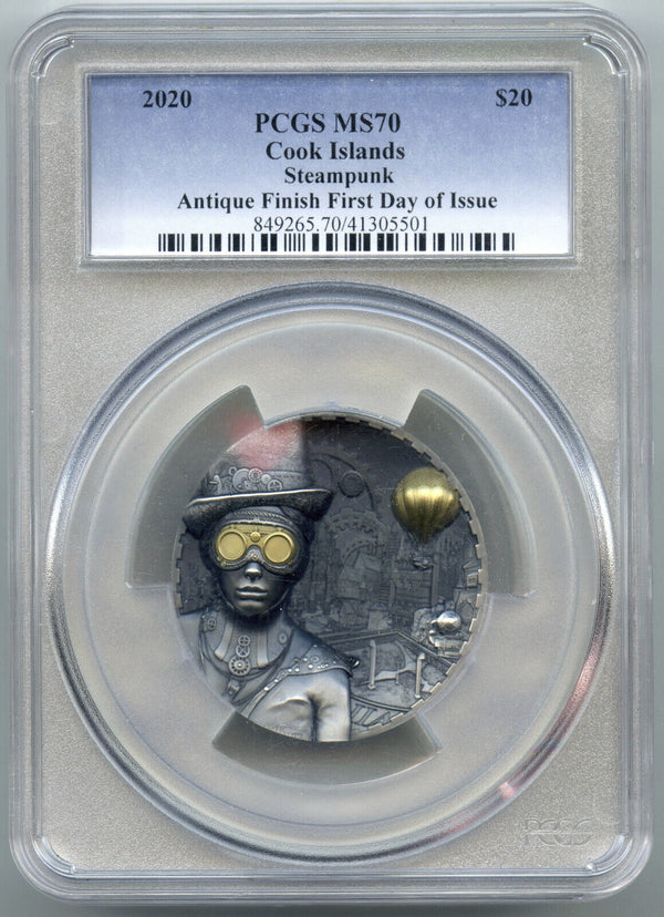 2020 Steampunk $20 Coin PCGS MS70 Cook Islands Antique Finish First Day Iss J569