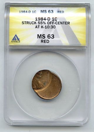 1984-D Lincoln Cent Penny ANACS MS 63 Off-Center Error Struck 55% Denver J916