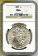 1887 Morgan Silver Dollar NGC MS64 Certified - Philadelphia Mint - J470