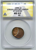 1986 RB Lincoln Cent Penny ANACS MS 63 Off-Center Error Struck 55% - J924