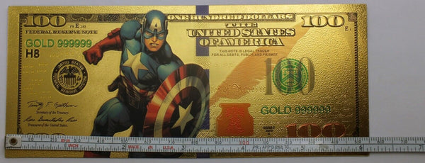 $100 Captain America Marvel Comic Novelty 24K Gold Foil Plated Note Bill GFN56