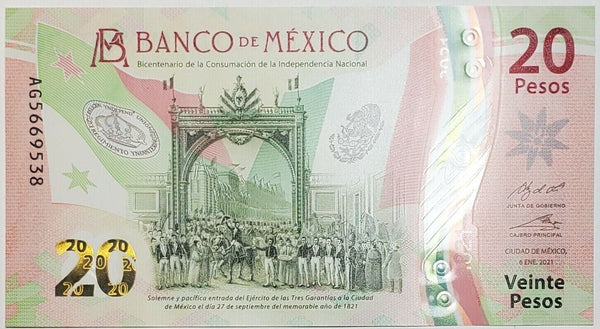 2021 Mexico 20 Veinte Pesos Independence Banknote Currency P-132 Unc - JP415