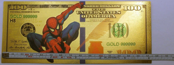 $100 Spiderman Marvel Comic FRN Novelty 24K Gold Foil Plated Note Bill GFN55