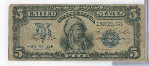 1899 $5 Indian Chief Five Dollars Silver Certificate Note Currency - SS536