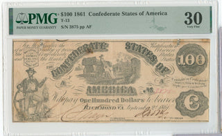 1861 $100 Confederate States Of America Currency PMG VF 30 Note T-13 - SS511