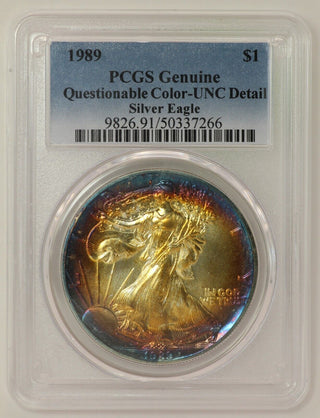 1989 $1 Rainbow Toned Silver Eagle ASE PCGS Genuine Unc Quest Color  LH657