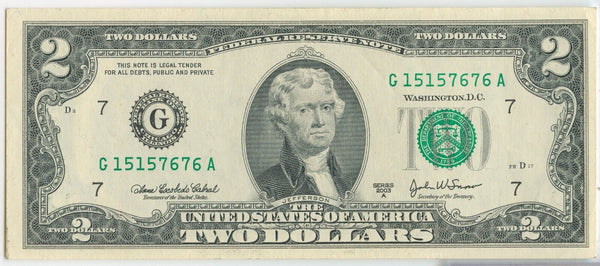 2003A Two Dollar Repeater Bill Note $2 Federal Reserve Note - SS562