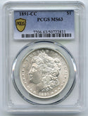 1891-CC Morgan Silver Dollar PCGS MS63 Certified - Carson City Mint - K375