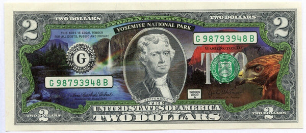 $2 Two Dollars Yosemite National Park Enhanced Colored Genuine Bill Note Money