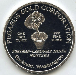 1984 Pegasus 999 Silver 1 oz Proof Medal Round Zortman Landusky Montana - J591