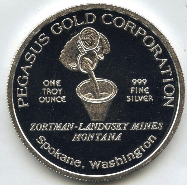 1984 Pegasus 999 Silver 1 oz Proof Medal Round Zortman Landusky Montana - J591