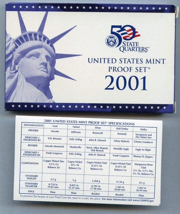 2001 United States Proof Set 10 Coins U.S. Mint San Francisco State Quarters