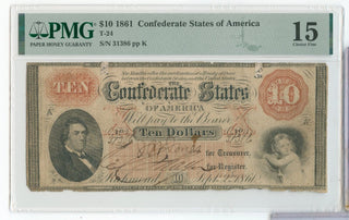 1861 $10 Confederate States Of America Currency PMG Fine 15 Note T-24 - SS513