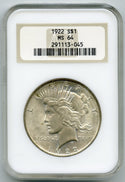 1922 Peace Silver Dollar NGC MS 64 Certified - Philadelphia Mint - K302