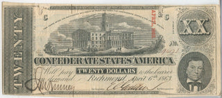 1863 $20 Twenty Dollars Confederate States Of America Note Currency T-58 - SR967