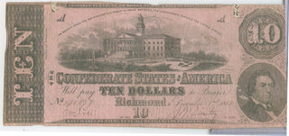 1862 $10 Ten Dollars Confederate States Of America Note Currency T-52 - SR955