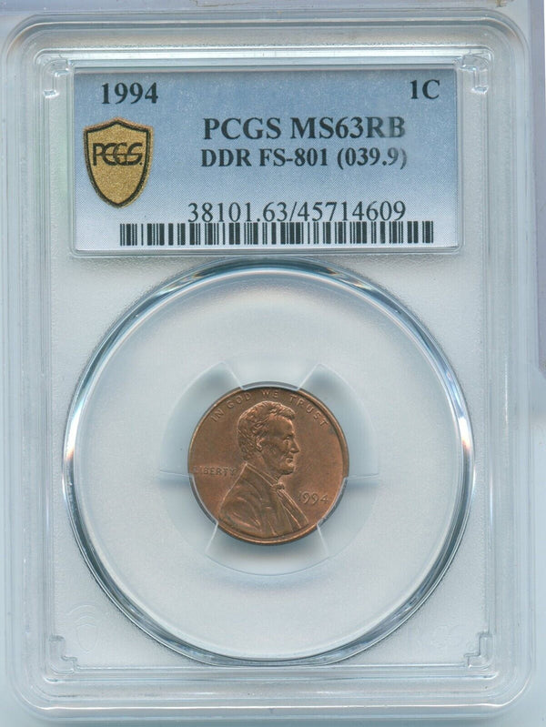 1994-P DDR FS-801 (039.9) Lincoln Memorial Cent PCGS MS63RB - SS298