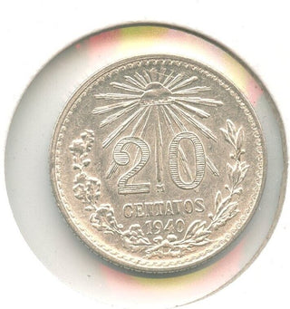 1940 Mexico Unc Silver 20 Centavos Cap & Ray Coin -SS192