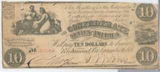 1861 $10 Ten Dollars Confederate States Of America Note Currency T-28 - SR961