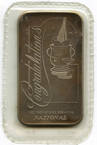 Congratulations 999 Silver 1 oz Art Bar Vintage Ingot Medal USA National - C858