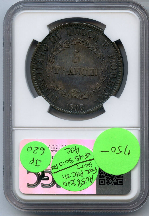 1808/7 Italy Lucca & Piombino 5 Franchi Silver Coin NGC AU53 Certified - JP620