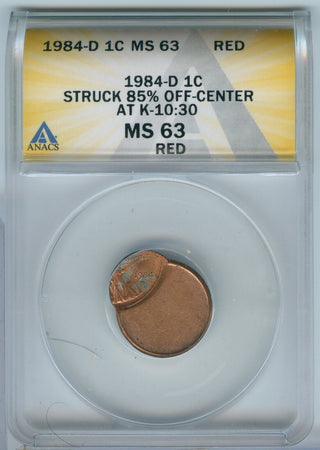 1984-D Lincoln Memorial Cent Error 85% Off Center ANACS MS63RD -SS532