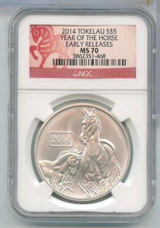 2014 Tokelau Year Of The Horse Guilt 1oz Silver NGC MS70 $5 Coin -  SS25