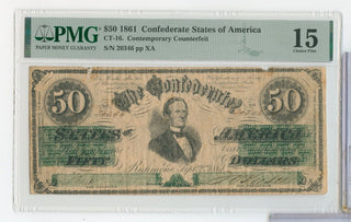 1861 $50 Confederate States Of America Currency PMG Fine 15 Note CT-16 - SS523