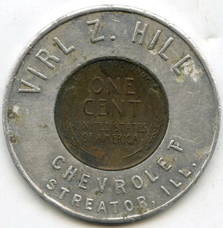 1952-D Lincoln Cent Penny Virl Hill Chevrolet Illinois Good Luck Token - J630