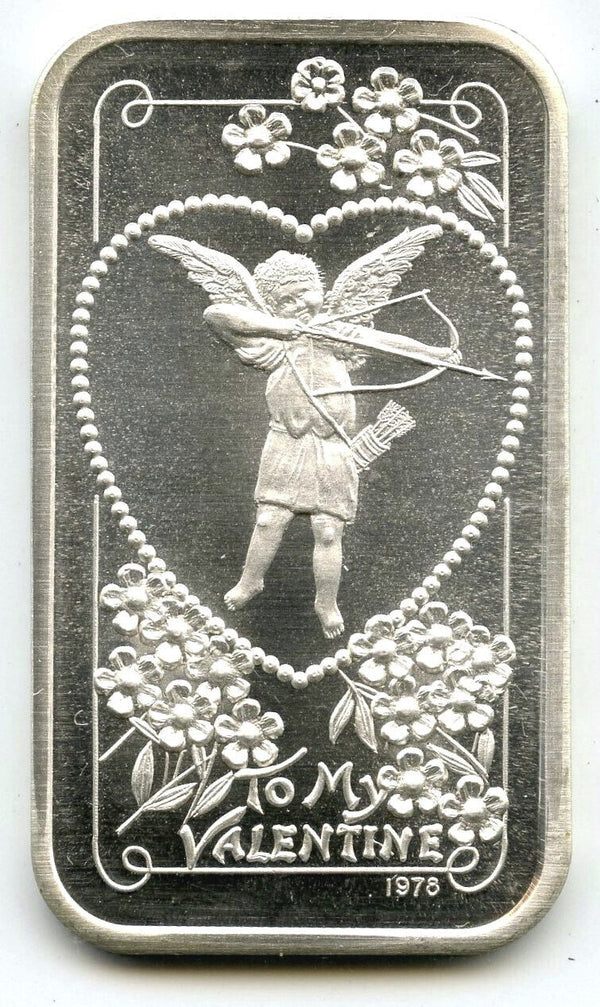 To My Valentine Cupid Arrow 999 Silver 1 oz Ingot Bar 1978 Medal Madison - K132