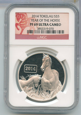 2014 Tokelau Year Of The Horse Guilt 1oz Silver NGC PF69 $5 Coin -  SS23