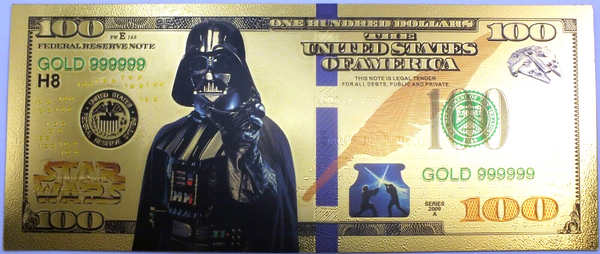 Darth Vader Star Wars $100 Novelty 24K Gold Foil Plated Note Bill - GFN58