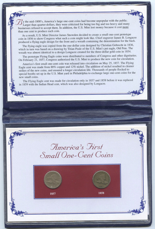 America's First Small One-Cent Coins 1857 + 1858 Flying Eagle Pennies - K414