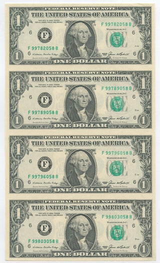 1985 $1 One Dollar Federal Reserve Uncut Sheet Of 4 U.S Currency Notes - SR887