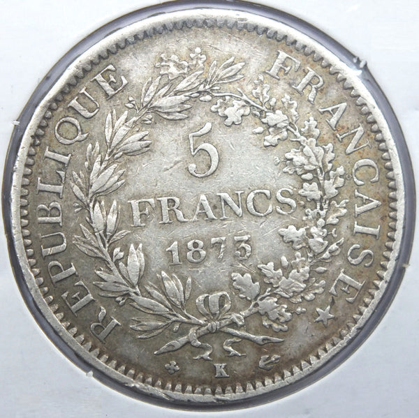 1873-K France Silver Coin 5 Francs - Liberte Egalite Fraternite - J945