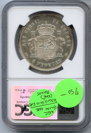 1890 (90) MPM Spain 5 Pesetas Silver Coin NGC MS60 5P Certified - JP613