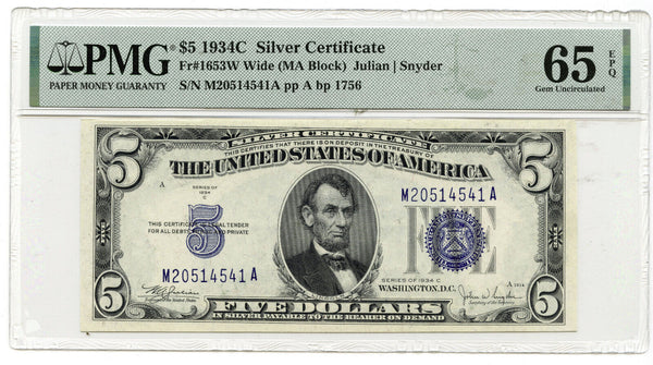 1934-C $5 Silver Certificate PMG 65 EPQ Gem Uncirculated Fr 1653W Julian - K74