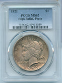 1921-P High Relief Silver Peace Dollar $1 PCGS MS62 Philadelphia Mint - SR942