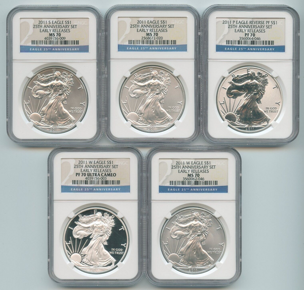 2011 American Eagle 1 oz Silver 25th Anniversary 5-Coin Set NGC MS70 PF70 SR488