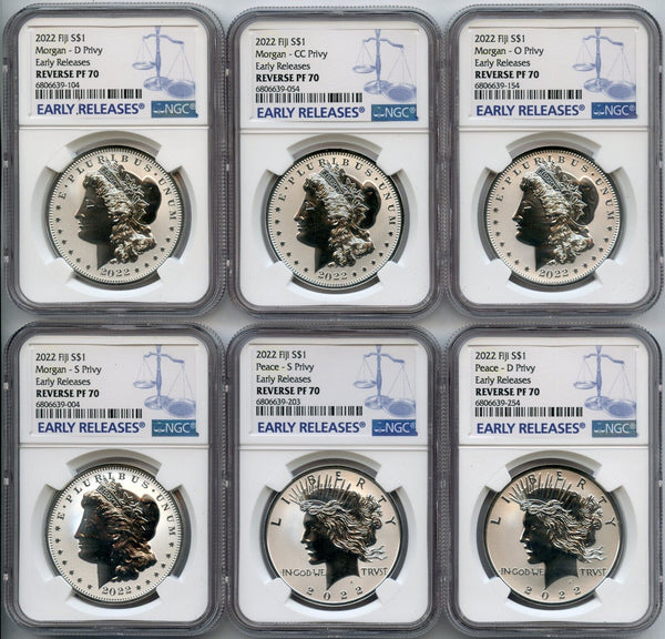 2022 Morgan & Peace Dollar Reverse Proof NGC PF70 - 6 Coin Set Fiji $1 - JP787