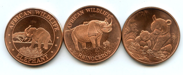 African Wildlife Lot of 3 Copper Rounds 1 oz Medal Elephant Rhino Bear - KR935