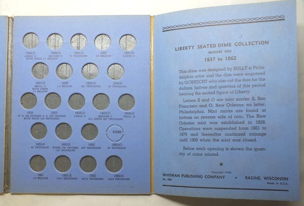 1837 - 1862 Seated Liberty Dime Folder 9011 Whitman Album - Vintage 1940 - K356