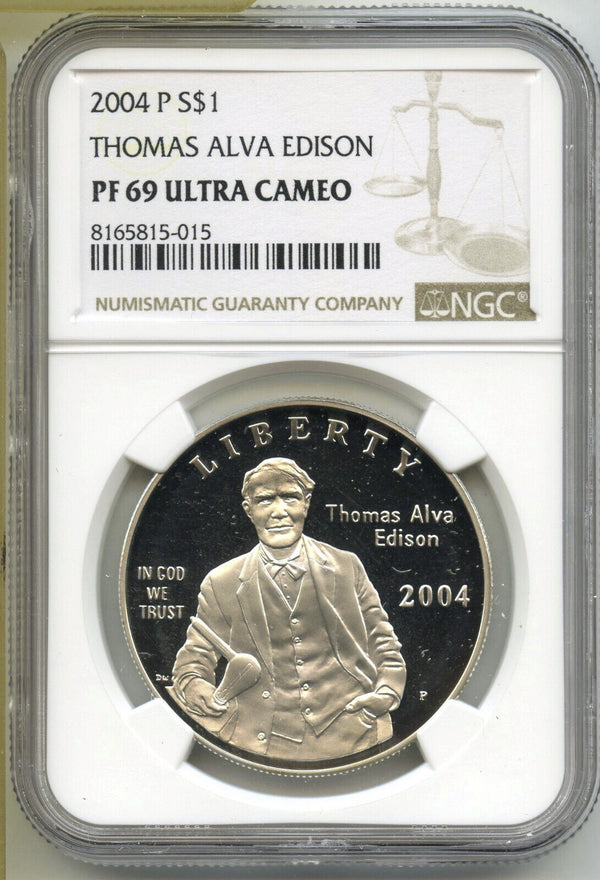 2004-P Thomas Edison Proof Silver Dollar NGC PF69 Ultra Cameo Coin - J400